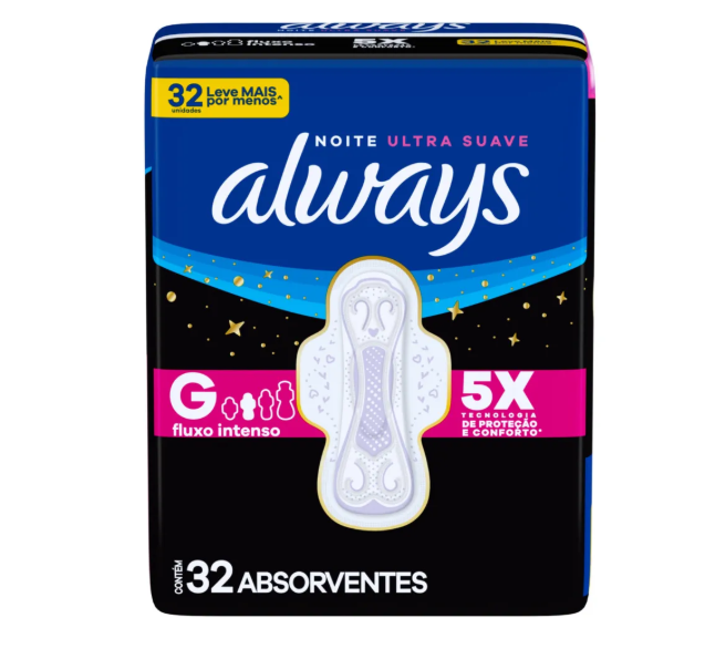 Absorvente Always Noturno Cobertura Suave com Abas Fluxo Intenso G 32 Unidades